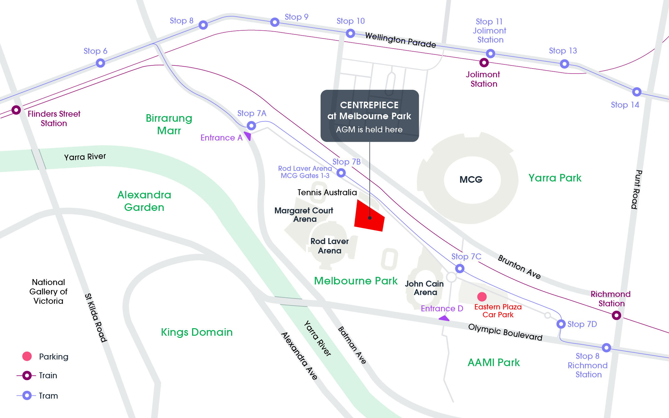 Map of 2024 AGM venue - Melbourne Convention and Exhibition Centre, Melbourne Room, 1 Convention Centre Place, South Wharf, Melbourne, Victoria